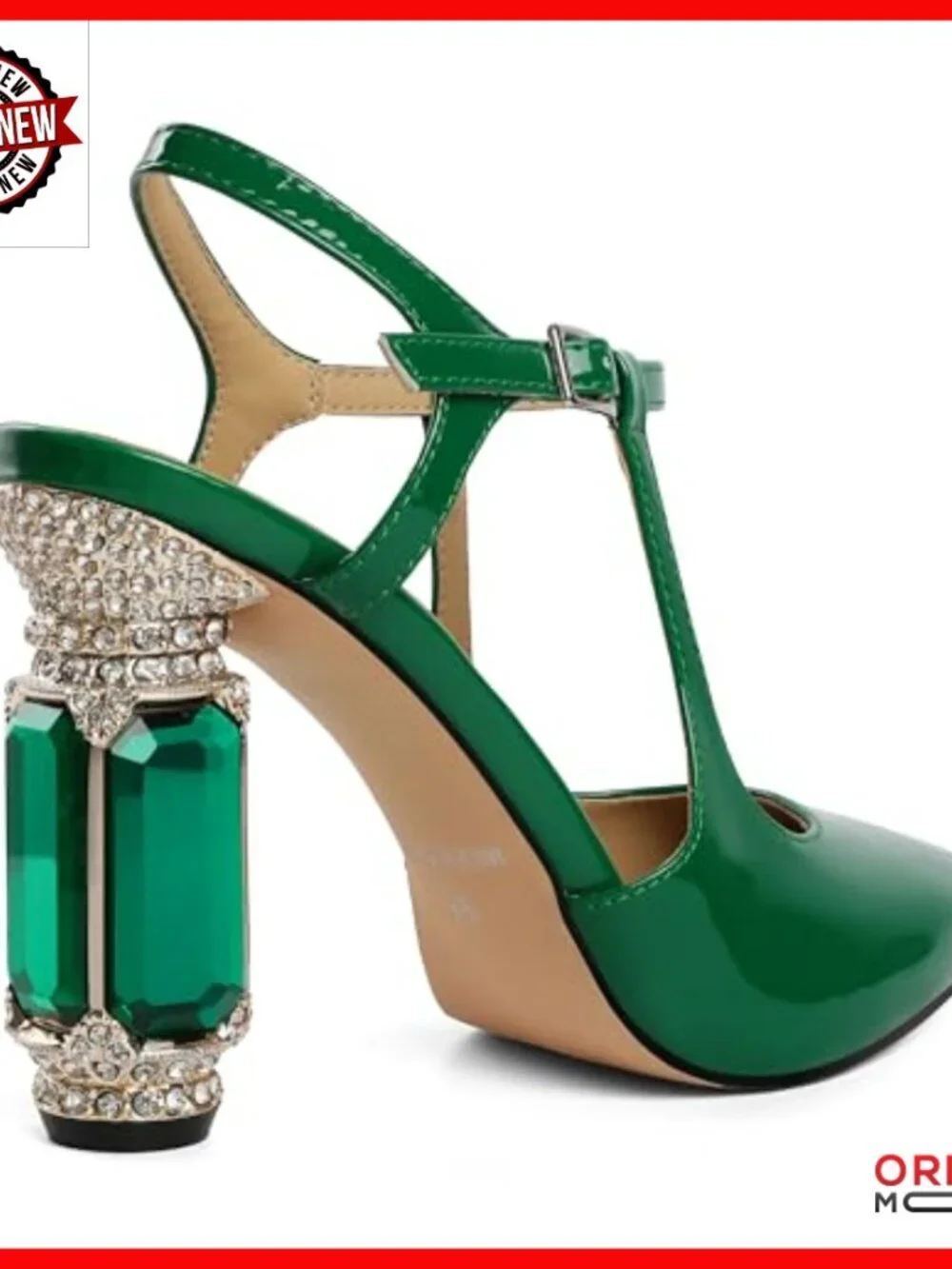 3.5 Inch Chunky Heel Slingback Pumps Pointed Toe Rhinestone Crystal Block Heels